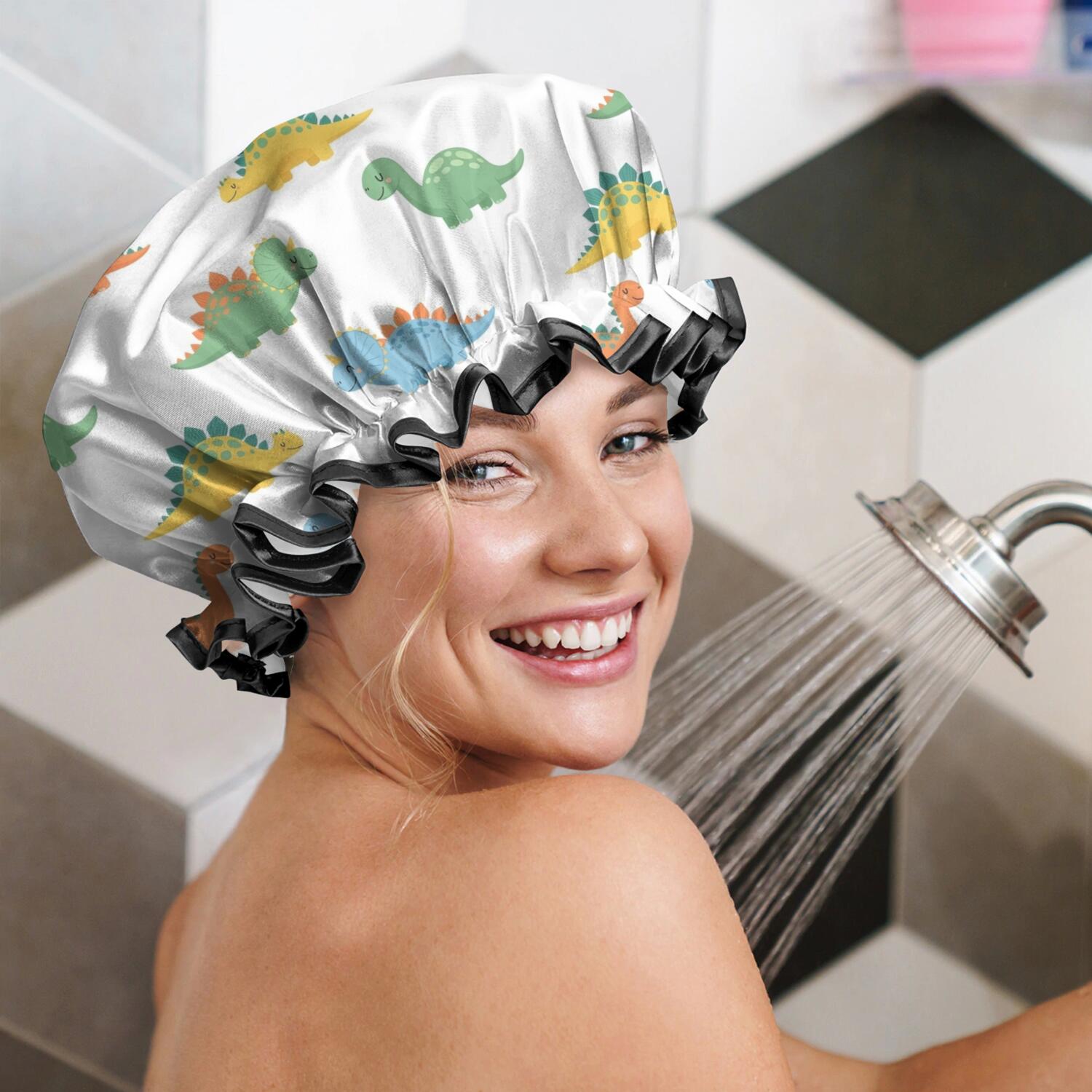 Shower Caps,White Cartoon Dinosaurs Pattern Waterproof Shower Cap for Women 4 Pieces,Double Reusable Hair Cover for Shower PEVA Elastic Stretch Hem
