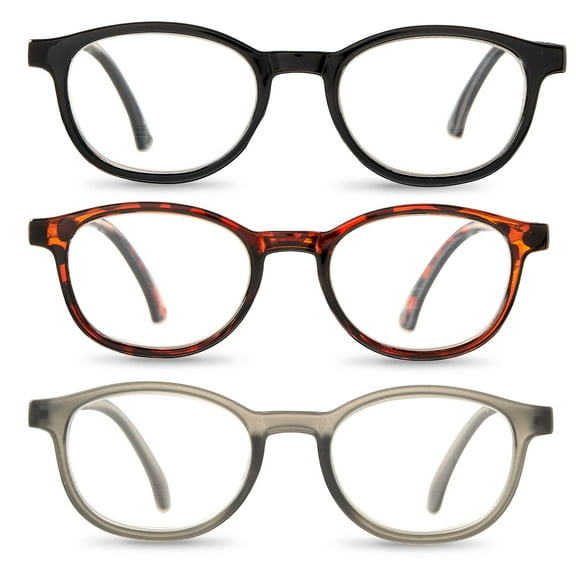 Equate Round Reading Glasses 3 Pack Black, Tortoise, Frosted Gray (Available in 7 Powers)