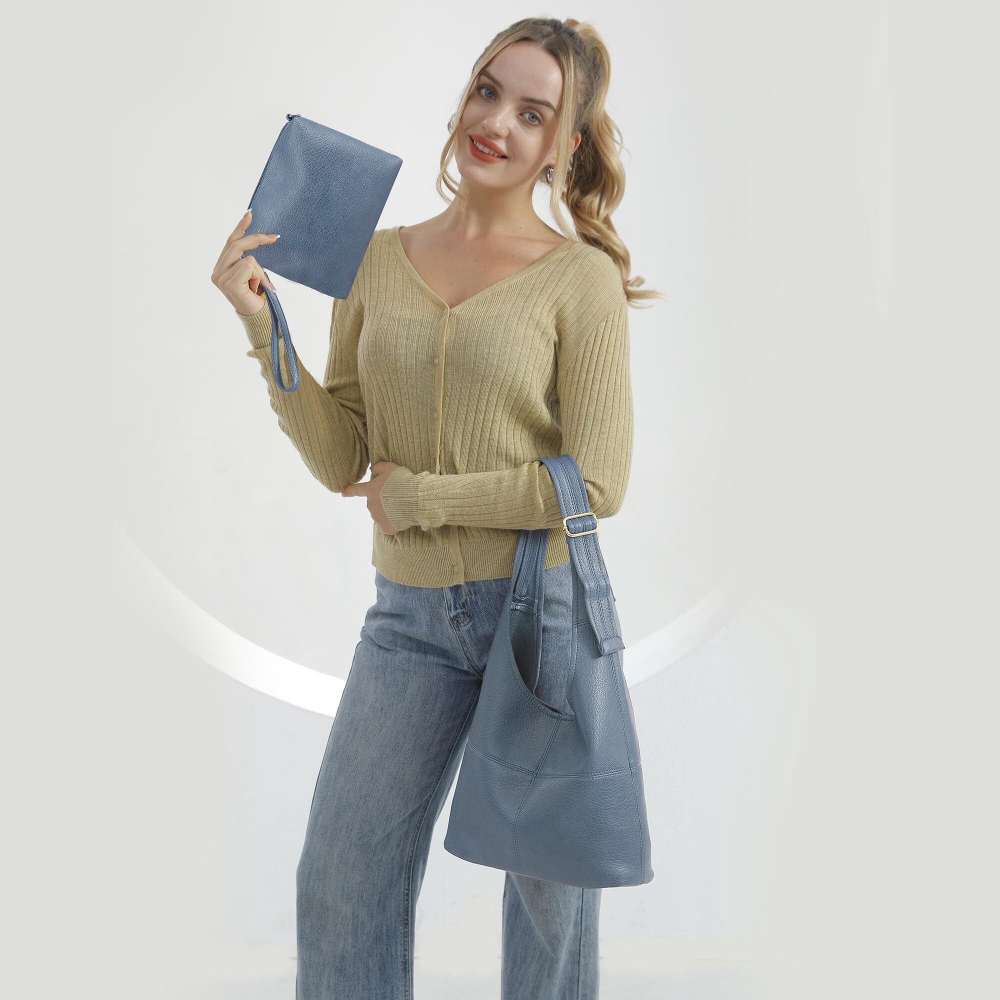 Montana West Hobo Bags Purse for Women Ultra Soft Foldable Shoulder Slouchy Handbags with Cosmetic bag, Jean