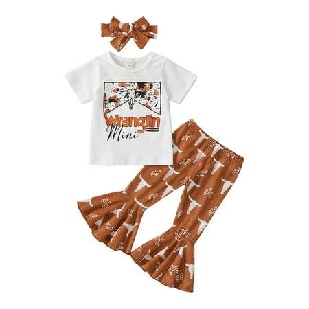 

Toddler Baby Girls Summer Outfit Sets Short Sleeve Tops T shirt Cattle Head Print Flared Pants Headband