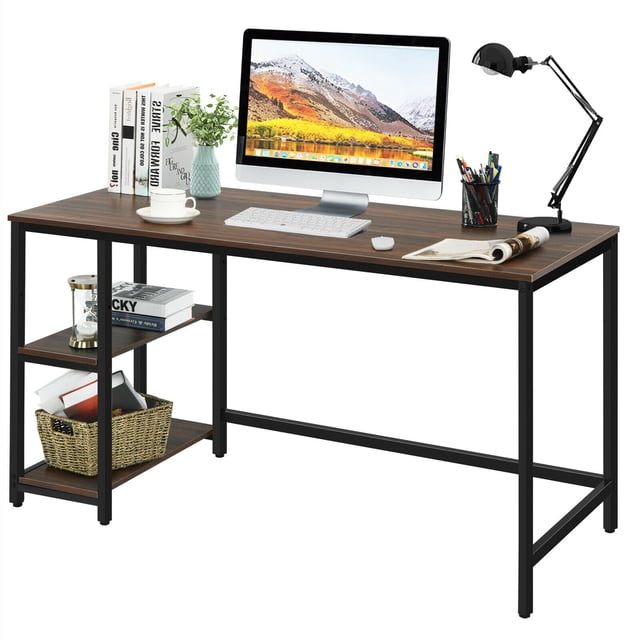Gymax Bureau d'Ordinateur 55 Pieds' Table d'Étude Poste de Travail Maison avec Étagère Réglable Café