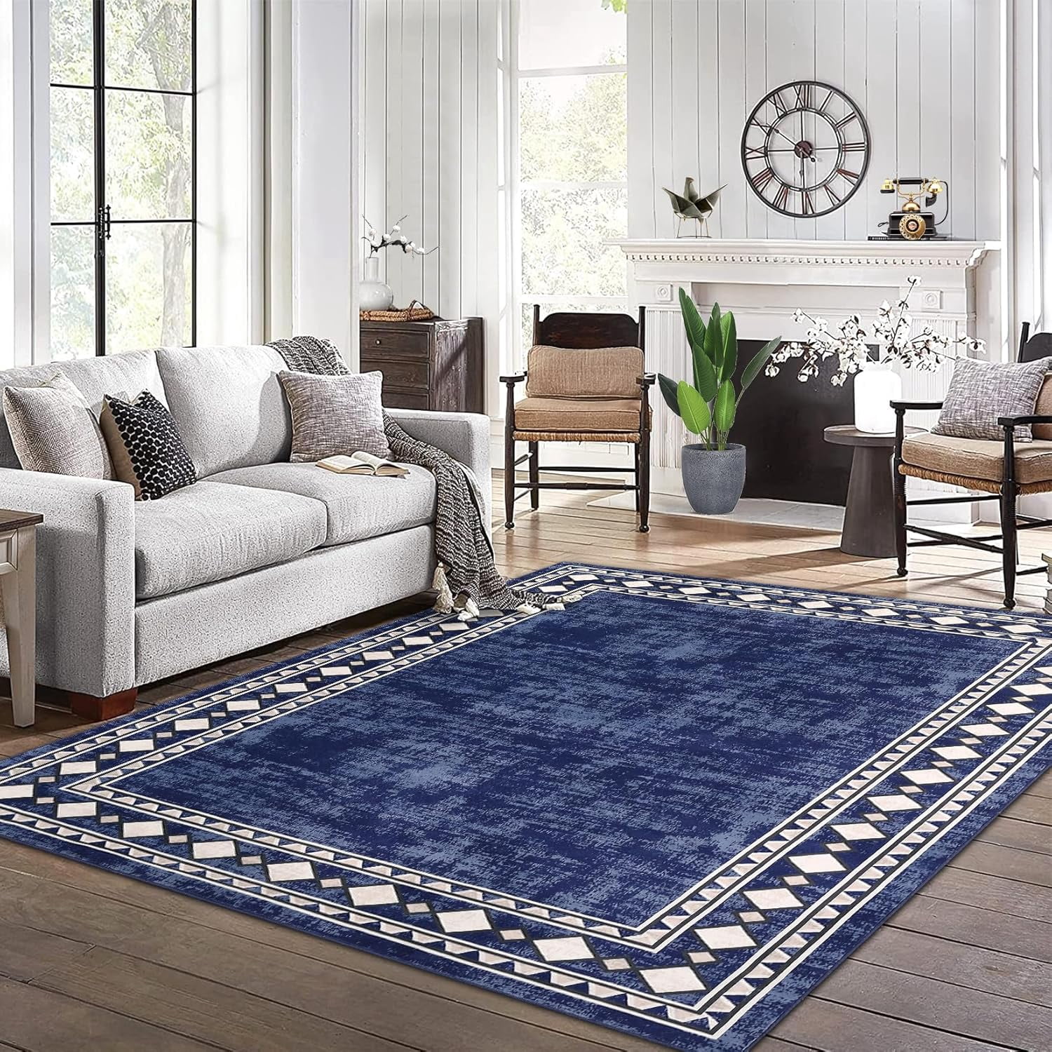 Shininglove Modern Bordered Area Rugs 8x10ft for Living Room, Machine Washable Low Pile Carpet with TPR Non-Slip Backing for Home Office(Navy)