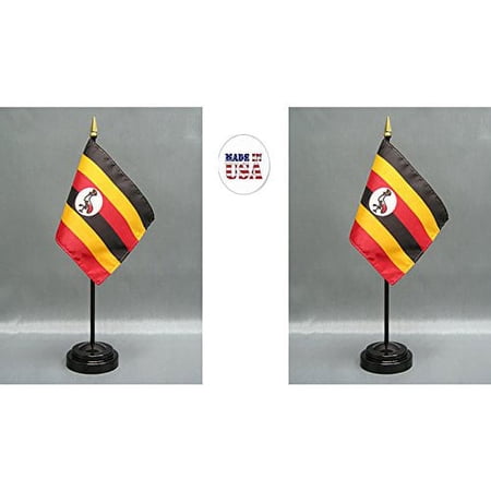 Made in The USA. 2 Uganda 4"x6" Miniature Office Desk & Little Hand Waving Table Flags Includes 2 Flag Stands & 2 Ugandan Small Mini Stick Flags