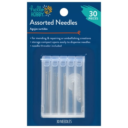 Hello Hobby Hand-Sewing Needles in Compact with Needle Threader, Assorted Sizes, 30 Pieces