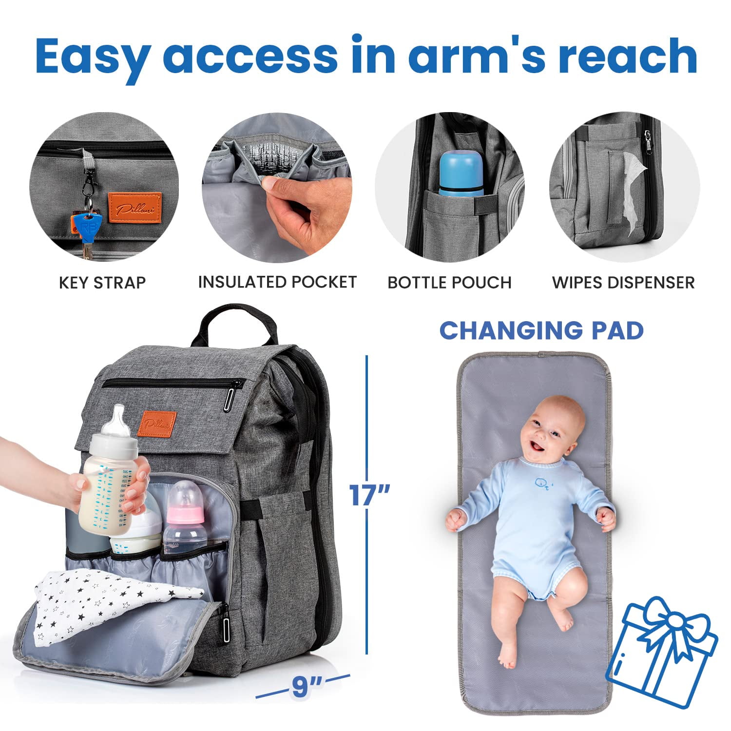 PILLANI Baby Diaper Bag Backpack - Large Bag for Boys & Girls, Waterproof Diaper Backpack - Travel Diaper Bags w/Changing Pad, Baby Registry Search & Shower Gifts - Essentials Must Haves Newborn Stuf