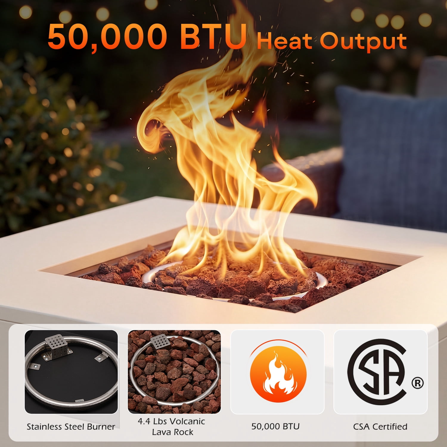 Danrelax 2-Piece 32" Square Propane Fire Pit Table with Tank Holder, 50,000 BTU Outdoor Gas Fire Pit with Lid, Lava Rocks and Weather-Resistant Cover, White
