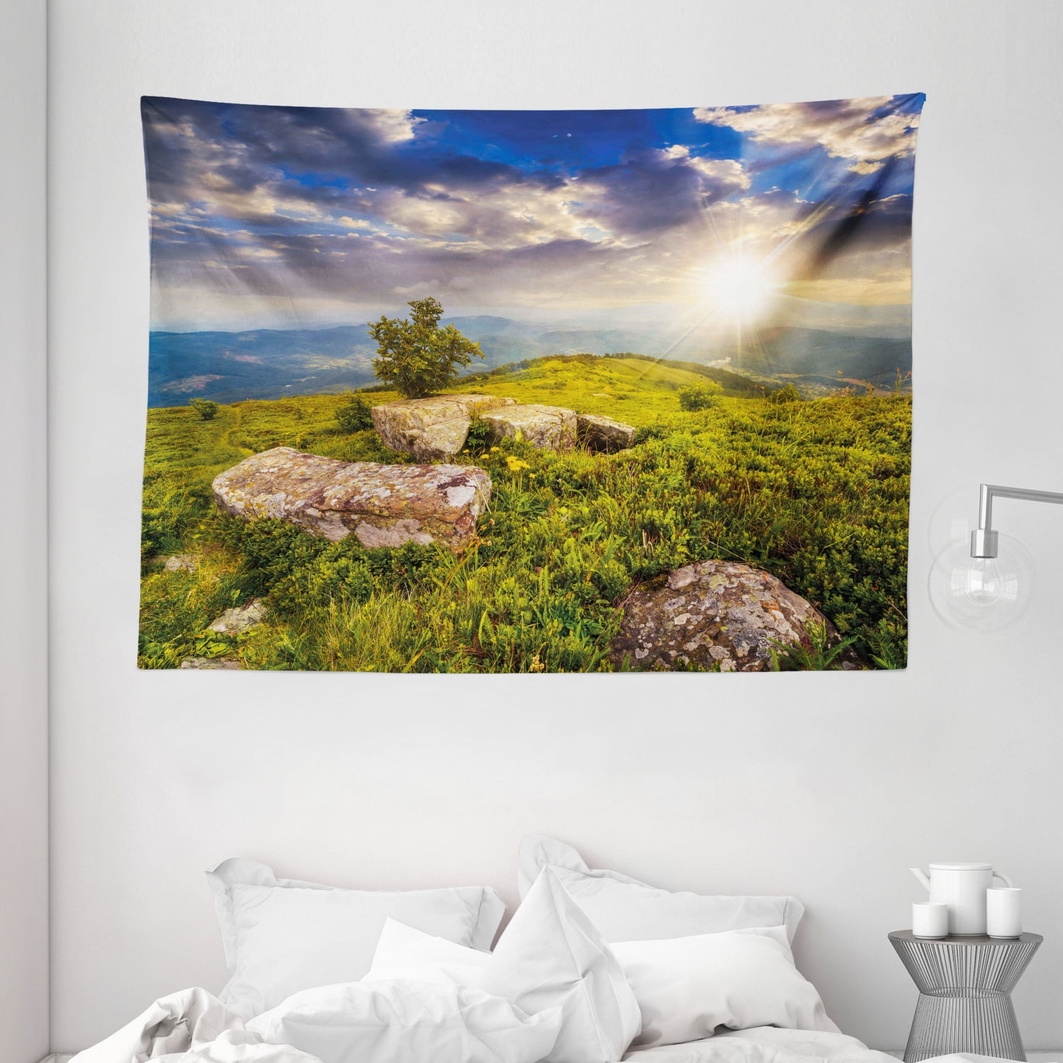 Mountain Tapestry, Small Tree Behind Boulders Hillside Grass Greenery