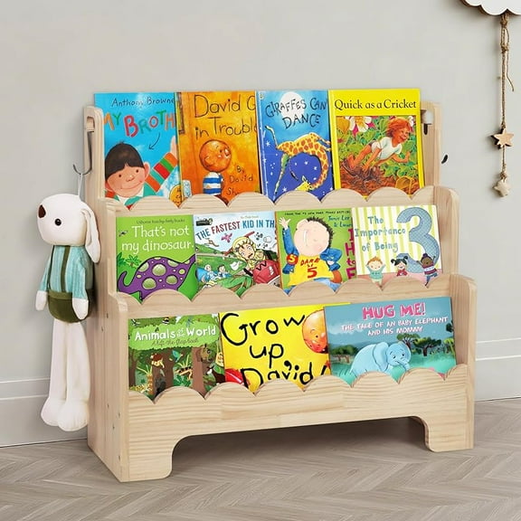 MY.Kids Bookshelf Wooden 3-Tier, Scalloped Book Shelf for Kids Rooms, Front Facing Toddler Montessori Bookshelf, Baby Nursery Book Shelves Kids Classroom Bookshelf Bookcase