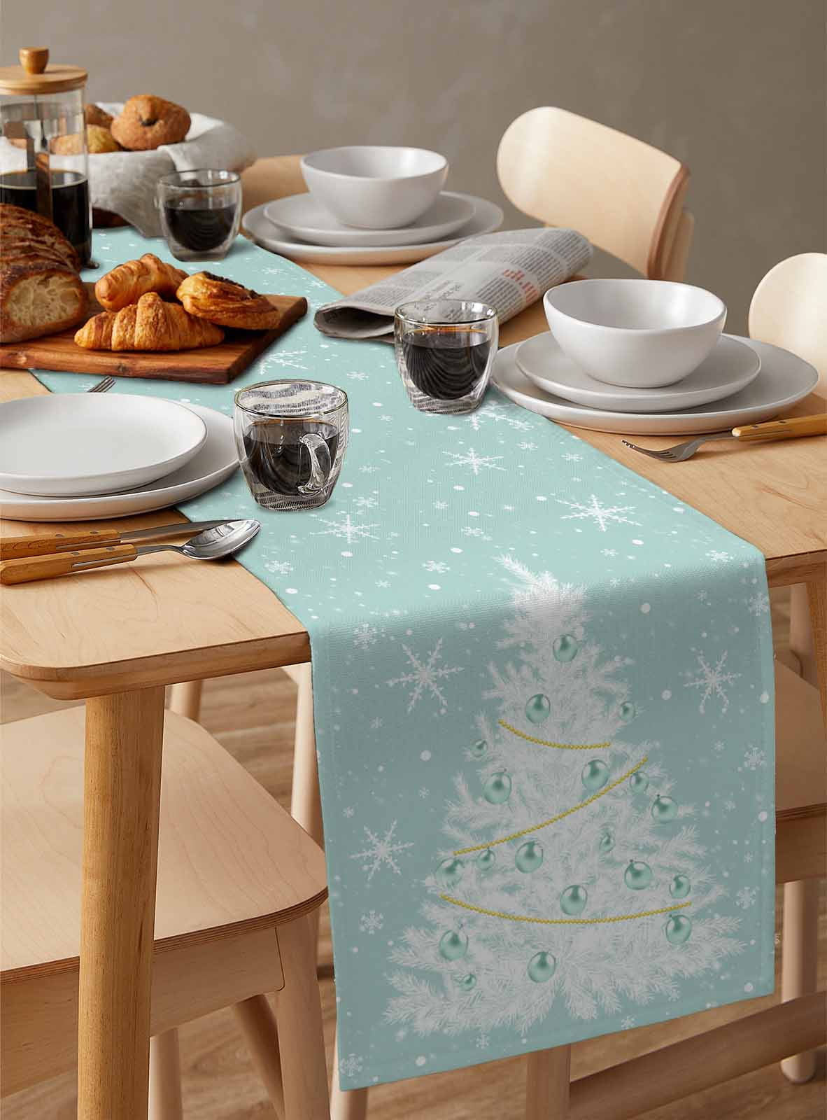Ldtrchee Teal Green Christmas Tree Table Runner 90 Inches, Balls Snowflake Xmas Tree Bed Runner Dresser Scarves Tabletop for Indoor Outdoor Parties/Ceremony/Banquet, 13" x 90"