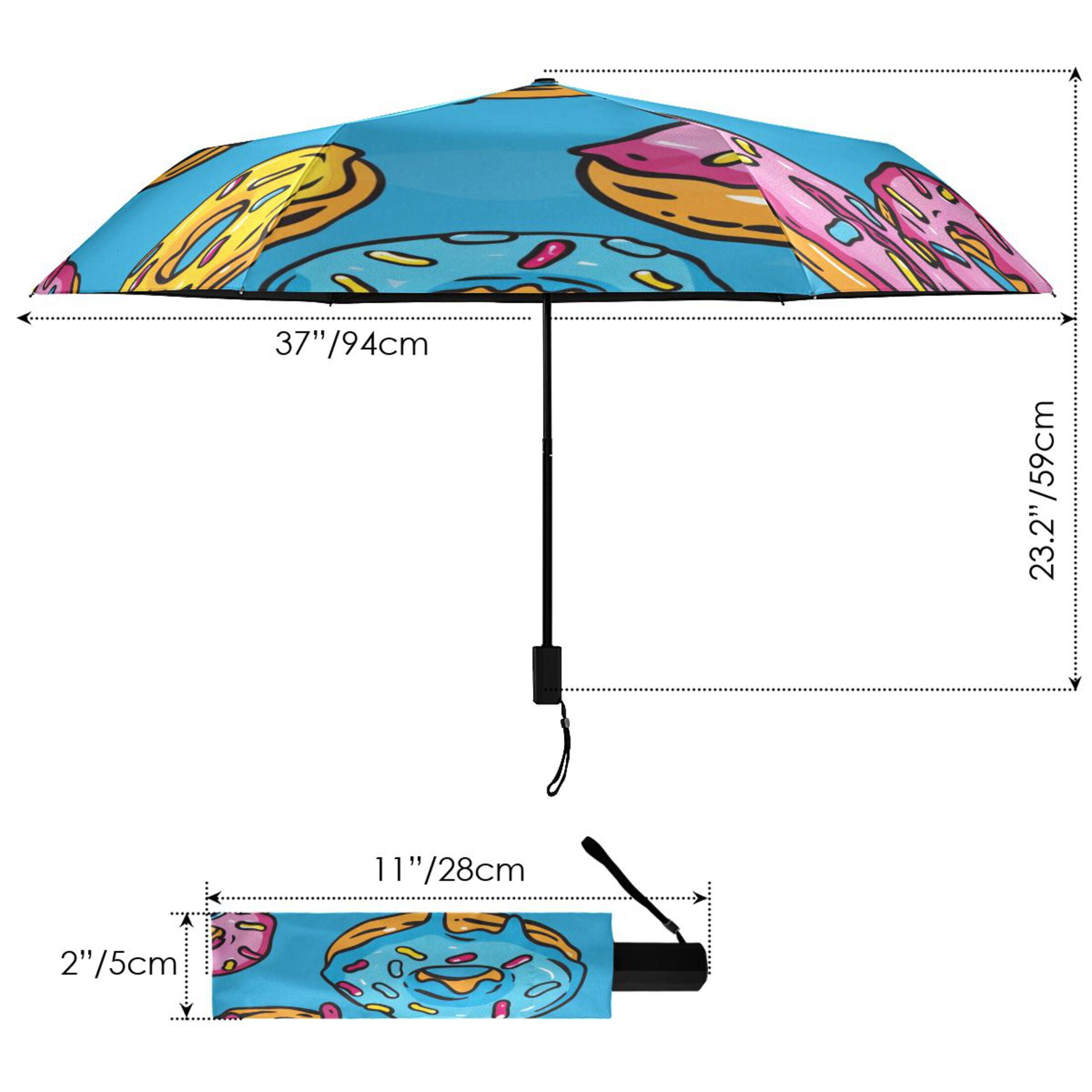 Colorful Donuts Cartoon All Weather Umbrella Triple Folding Parasol 6 Ribs UV Protection Portable