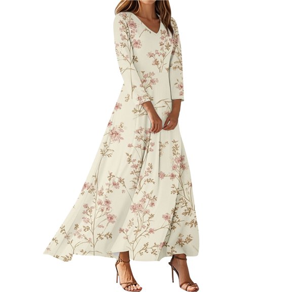 Women's Floral Print 3/4 Sleeve V Neck A Line Maxi Dress Lightweight Beach Dress for Summer Casual Outings and Vacation Trips, Size S-2XL