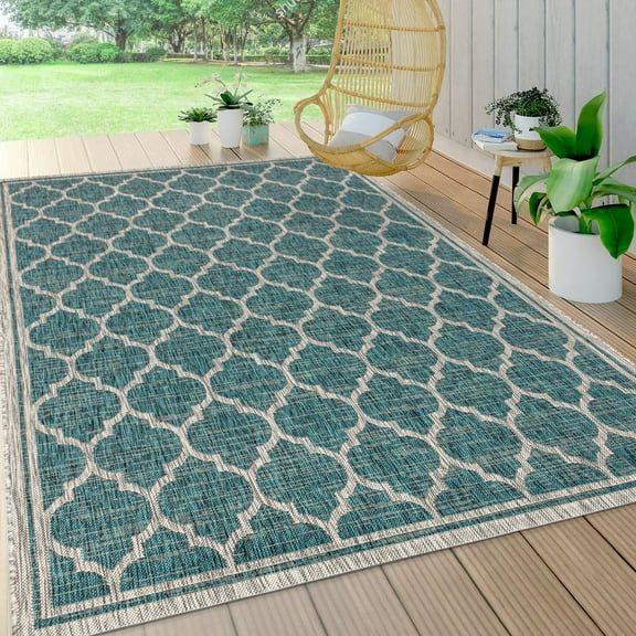 JONATHAN Y SANTA MONICA 6 x 9 Area Rug, Trebol Moroccan Trellis Textured Weave - Teal/Gray, SMB109E-6
