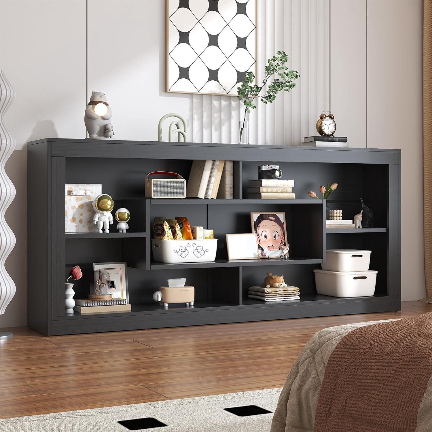 Winkalon Modern Farmhouse 7-Cube Storage Organizer Bookcase, 71” Wide Bookshelf, Large Floor Standing Cubby Shelf Unit with Anti-Tip Kit for Home Office, Living Room, Bedroom,Black
