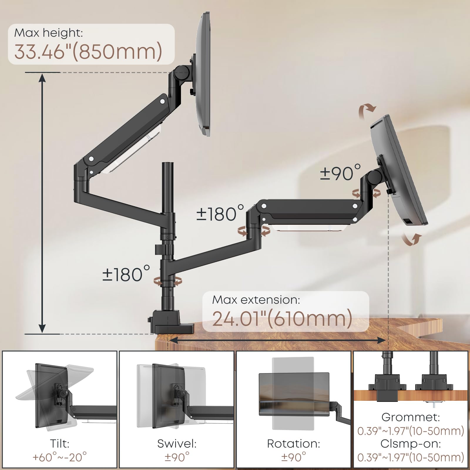 PUTORSEN 24-57 inch Dual Vertical Monitor Mount, Heavy Duty Monitor Arm for 2 Monitors, up to 59.4 lbs, Extra Tall/Wide Adjustable, Premium Aluminum Dual Monitor Desk Mount, VESA 75x75-200x200 mm