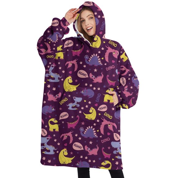 Oversized Wearable Blanket Hoodie,Purple Dinosaurs Dino Roar Pattern Sherpa Blanket Hoodie with Super Pockets,Super Warm Fuzzy Pullover for Women & Men