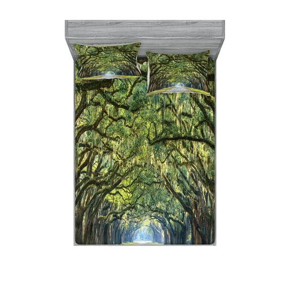 Ambesonne Forest Fitted Sheet & Pillow Sham Set, Serene Pathway Trekking, Full, Green and Brown