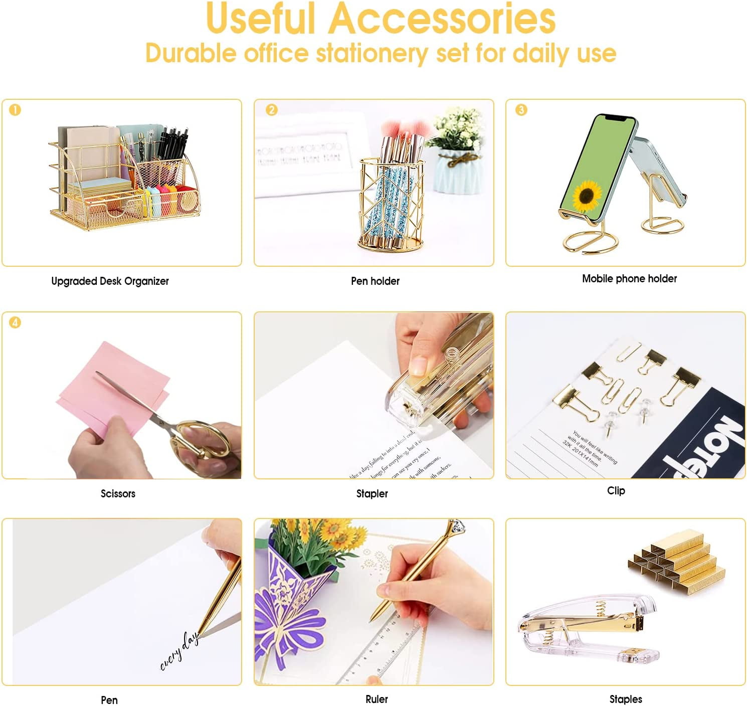 Gold Desk Organizers and Accessories Office Supplies Set Stapler, Pen Holder, Phone Holder, Scissors, Pen, Ruler, 30 Paper Clips, 22 Binder Clip, 20 Tacks and 1000pcs Staples (Gold)