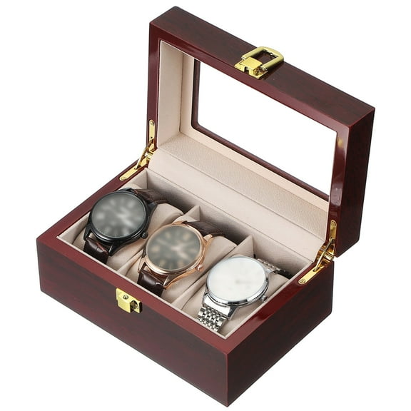 xcell 3 Slot Watch Storage Box, Watch Box for Men with Glass Cover, Wooden Watch Box with Removable Watch Pillow, Red