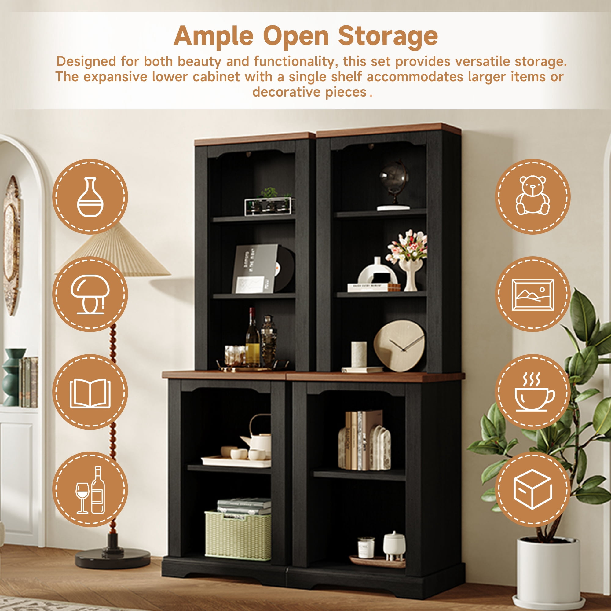 Miniyam 21" x 15" x 66" 2-Piece Freestanding Tall Cabinet with Fully Open Storage, Bookshelves with Curved Design, Display Bookcase with Anti-Tip Device, Black