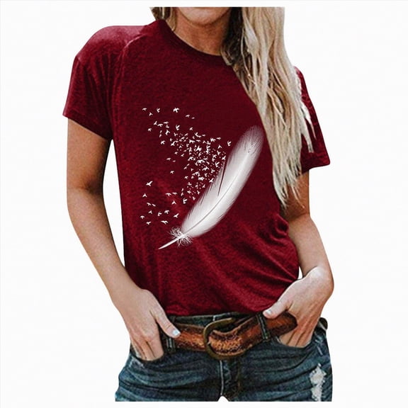 Paguaki Womens Summer Shirts Fashion O-Neck Short Sleeve T-Shirt Feather Print Casual Top Tee Blouses