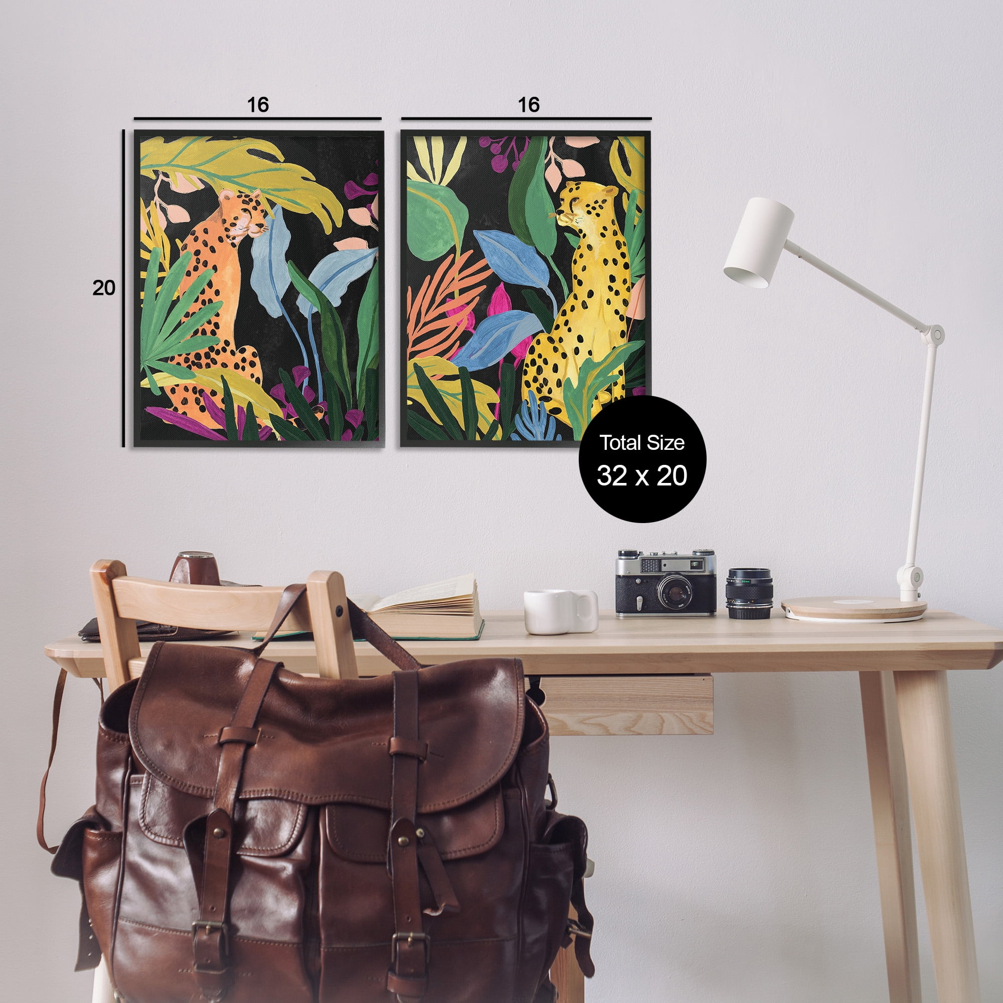 Stupell Industries Leopards & Tropical Leaves Animals & Insects Painting Black Framed Art Print Wall Art, 16 x 20, Set of 2