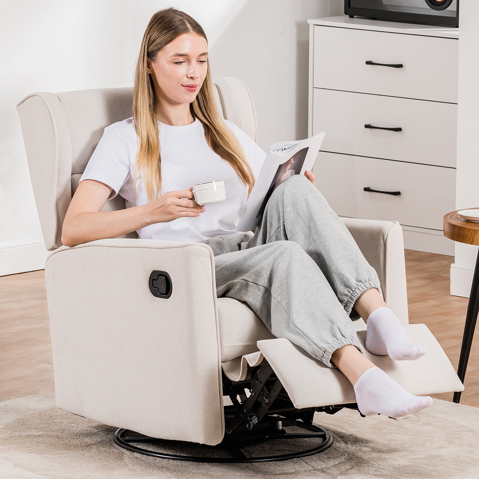 COMHOMA Swivel Rocker Recliner Chair, Fabric Lether Single Sofa Seat for Living Room, Beige