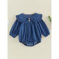 thumbnail image 3 of RUINIXCW Baby Girl Denim Romper Long Sleeve Doll Collar Button Front Bodysuit Spring Fall Outfit, 3 of 9