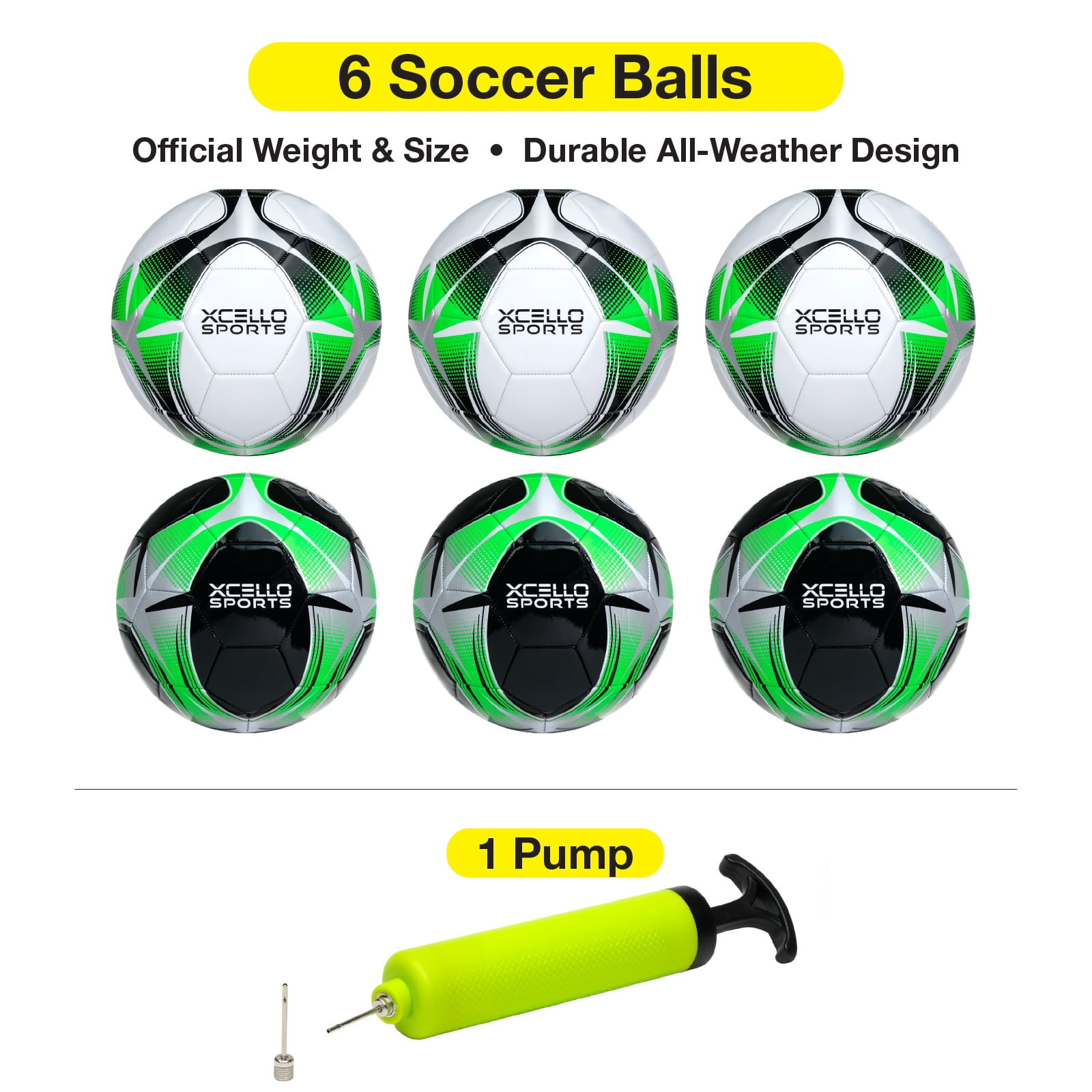 Xcello Sports Soccer Ball (Black/Green/Silver, White/Green/Silver) w/Pump (Size 3, Pack of 6)