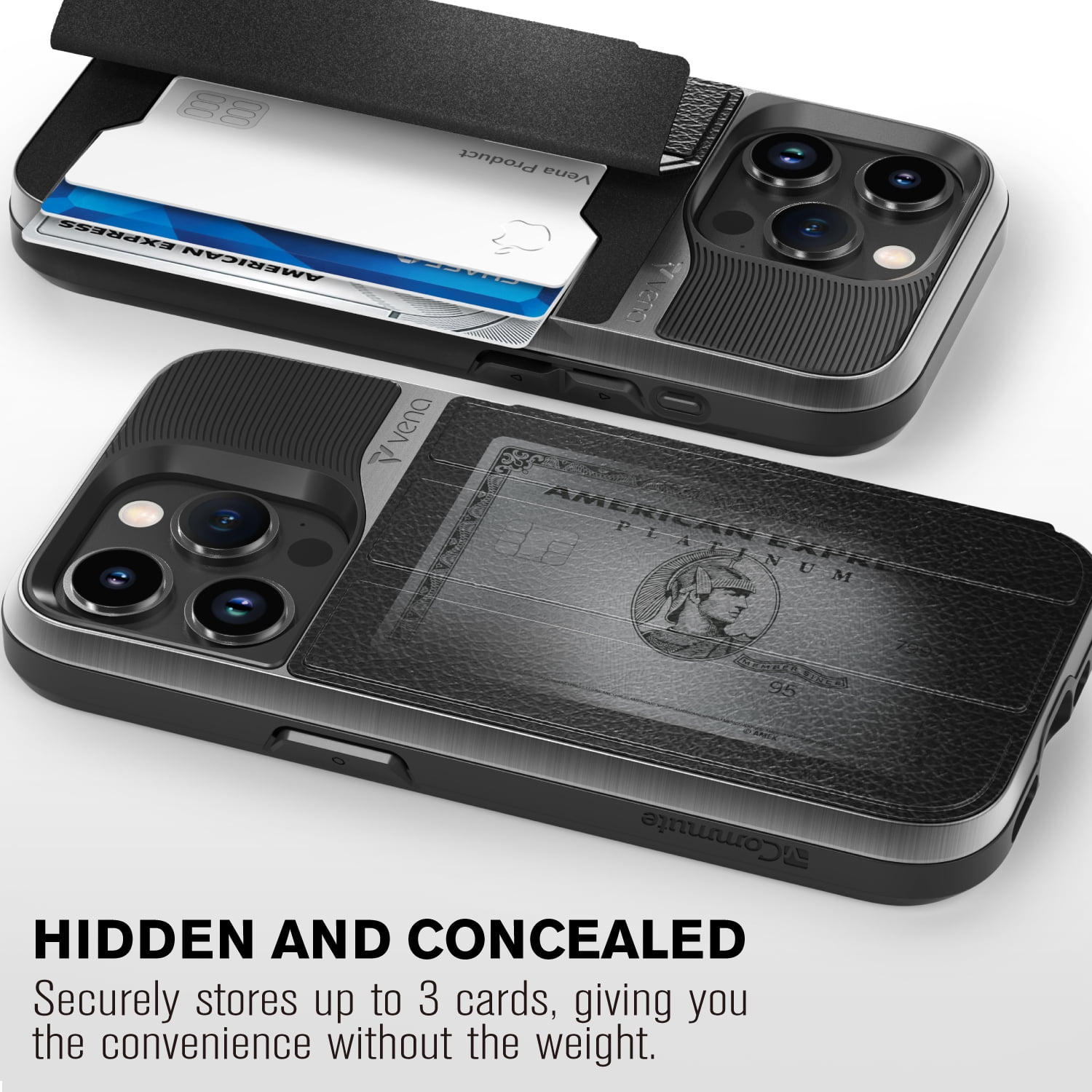 VENA vCommute Wallet Case Compatible with Apple iPhone 15 Pro Max (6.7"), (Military Grade Drop Protection) Flip Leather Cover Card Slot Holder with Kickstand - Space Gray / Black