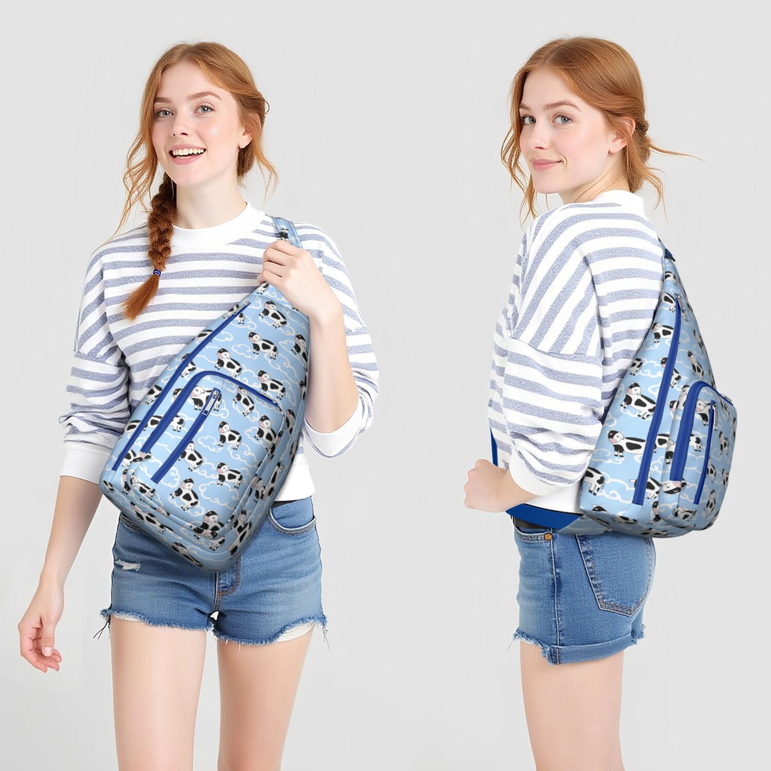 Rustic Cow Lovers Sling Backpack - Farmhouse Canvas Crossbody Bag with Bull & Cow Print, Funny Casual Daypack for Men/Women (Durable Shoulder Pack, Perfect Gift)