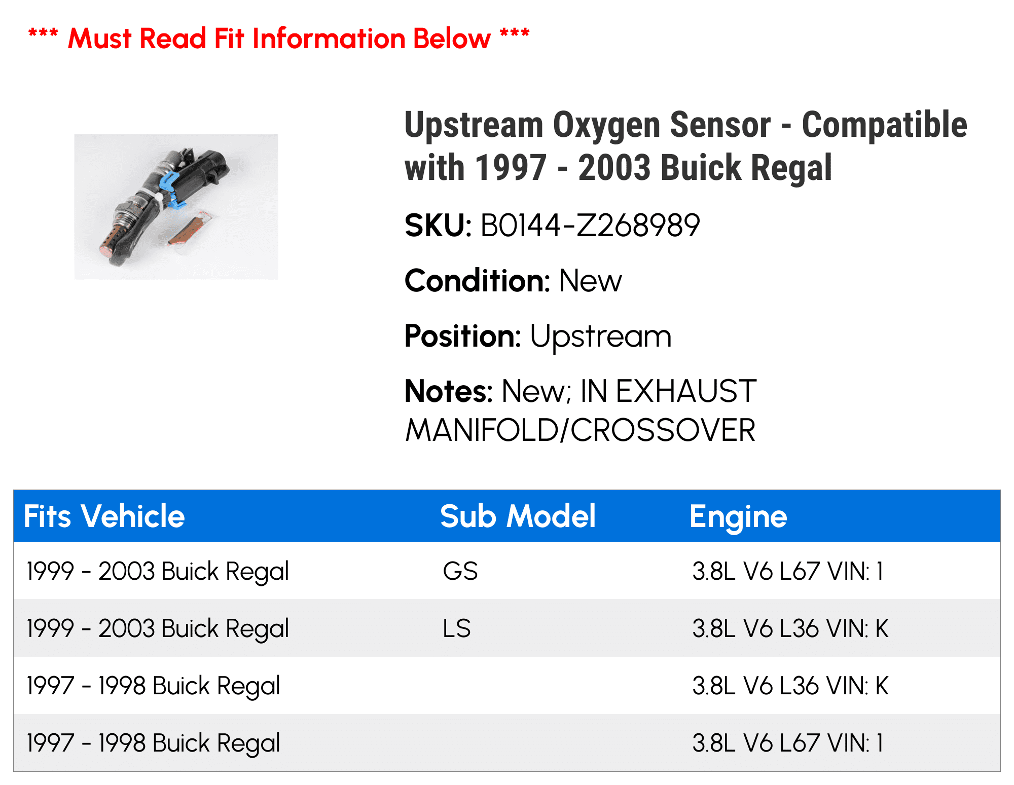 Upstream Oxygen Sensor - Compatible with 1997 - 2003 Buick Regal 1998 1999 2000 2001 2002