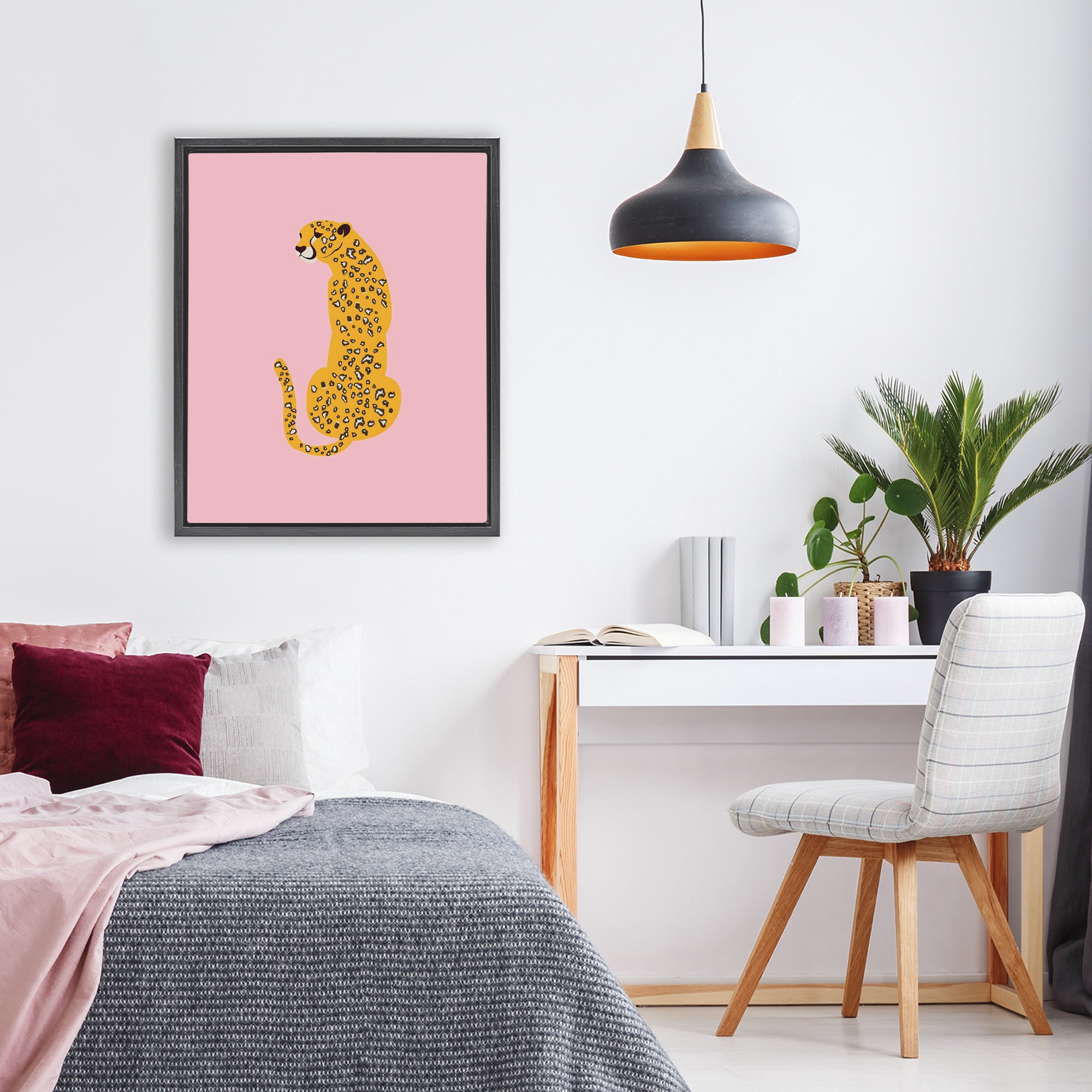 Stupell Industries Yellow Jaguar on Pink Black Framed Floater Canvas Wall Art, design by Creative Studio