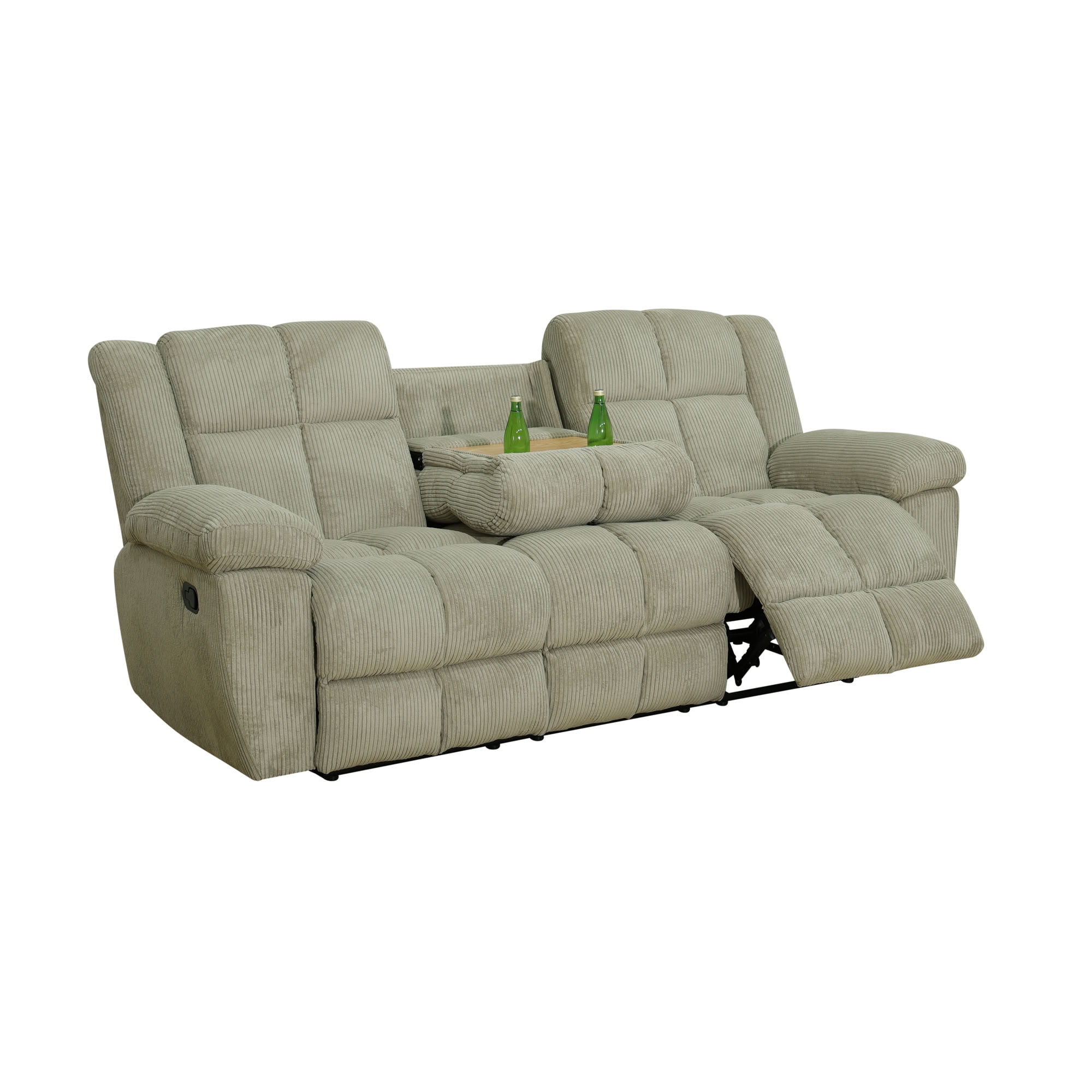 MAYEERTY 3-Seater Recliner Sofa, Off-White Stripe Fabric Manual Reclining Sofa with Flip-Up Cup Holder Board for Living Room