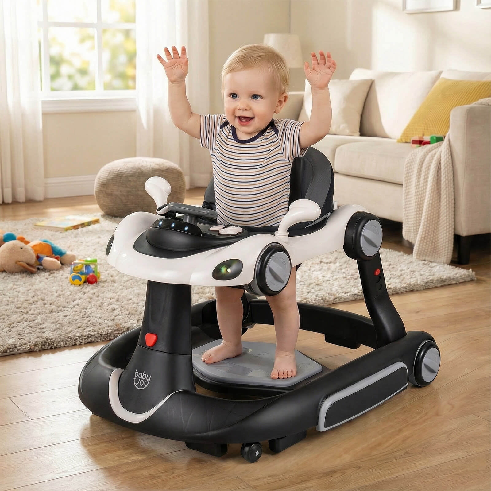 Babyjoy 6-in-1 Baby Walker with Canopy, Music, Lights, Speed/Height Adjustment & Wheels White + Black