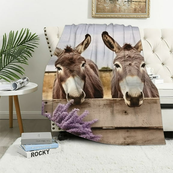 Fenyluxe Donkeys Lavender Flower Fence Flannel Throw Blanket for Couch Sofa Bed Office Decor All Seasons Blanket 40x50in