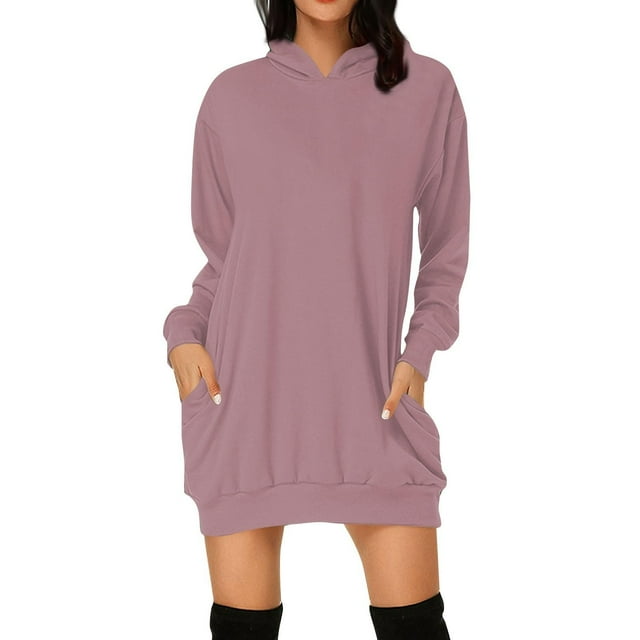 Robe Décontractée à Manches Longues et Capuche pour Femmes Couleur Unie