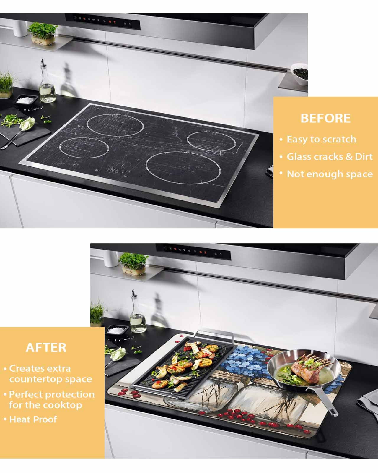 nqOlkjepod Large Induction Cooktop Protector Mat 24"x21", Blue Floral Stove Top Covers for Electric Stove, Bottle Floral Farm Fruit Spring Summer Stove Burner Cover Mats, Glass Top Stove Cover
