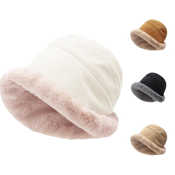 XIAOCHA Women’S Fleece‑Trim Bucket Hat Solid Hats Outdoor Fall‑Winter Toque,White