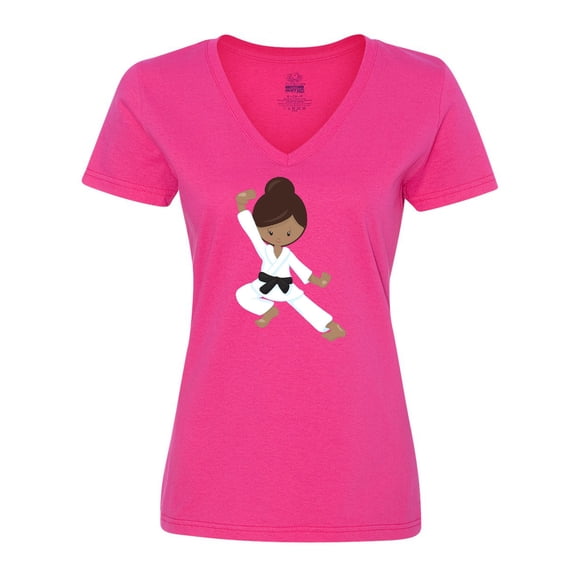 Inktastic African American Girl, Black Belt, Karate Pose Women's V-Neck T-Shirt
