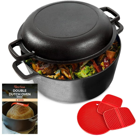 Uno Casa Olla holandesa de hierro fundido con tapa - Juego de cocina 2 en 1 presazonado con olla de