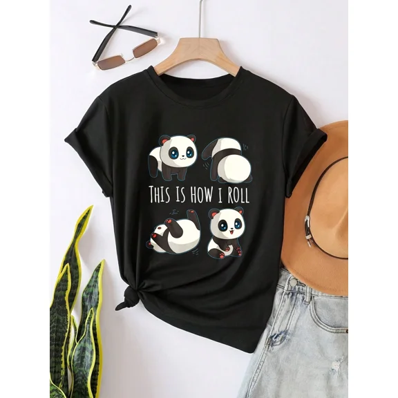 Cute Funny Panda Bear Rolling Graphic T-Shirt for Women, Playful Animal Print Casual Tee Top