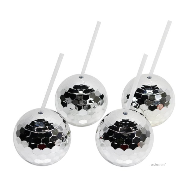 Koyal Wholesale 1970s Silver Disco Ball Drink Tumbler with Straw For