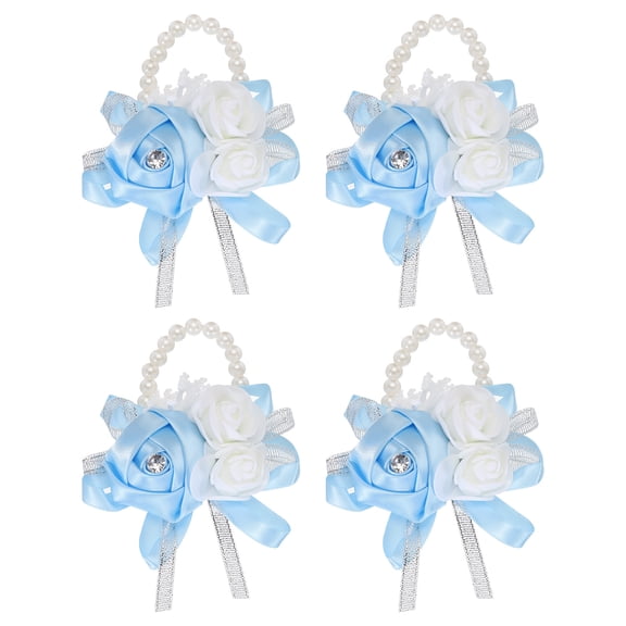 Uxcell Pack of 4 Wrist Corsage Artificial Flower Bracelets Rose Wrist Bride Groom Decorative Wedding Prom Sky Blue