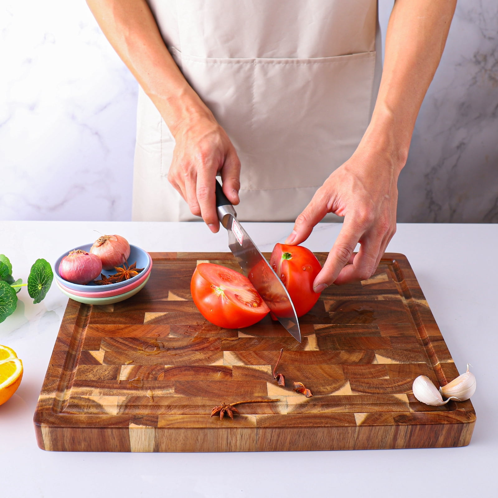TJ POP End Grain Cutting Board 15"x11"x1.2'', Premium Acacia Wood Cutting Board with Juice Groove, TJ POP Medium Chopping Board for Kitchen, Butcher Block, 1.2" Thick