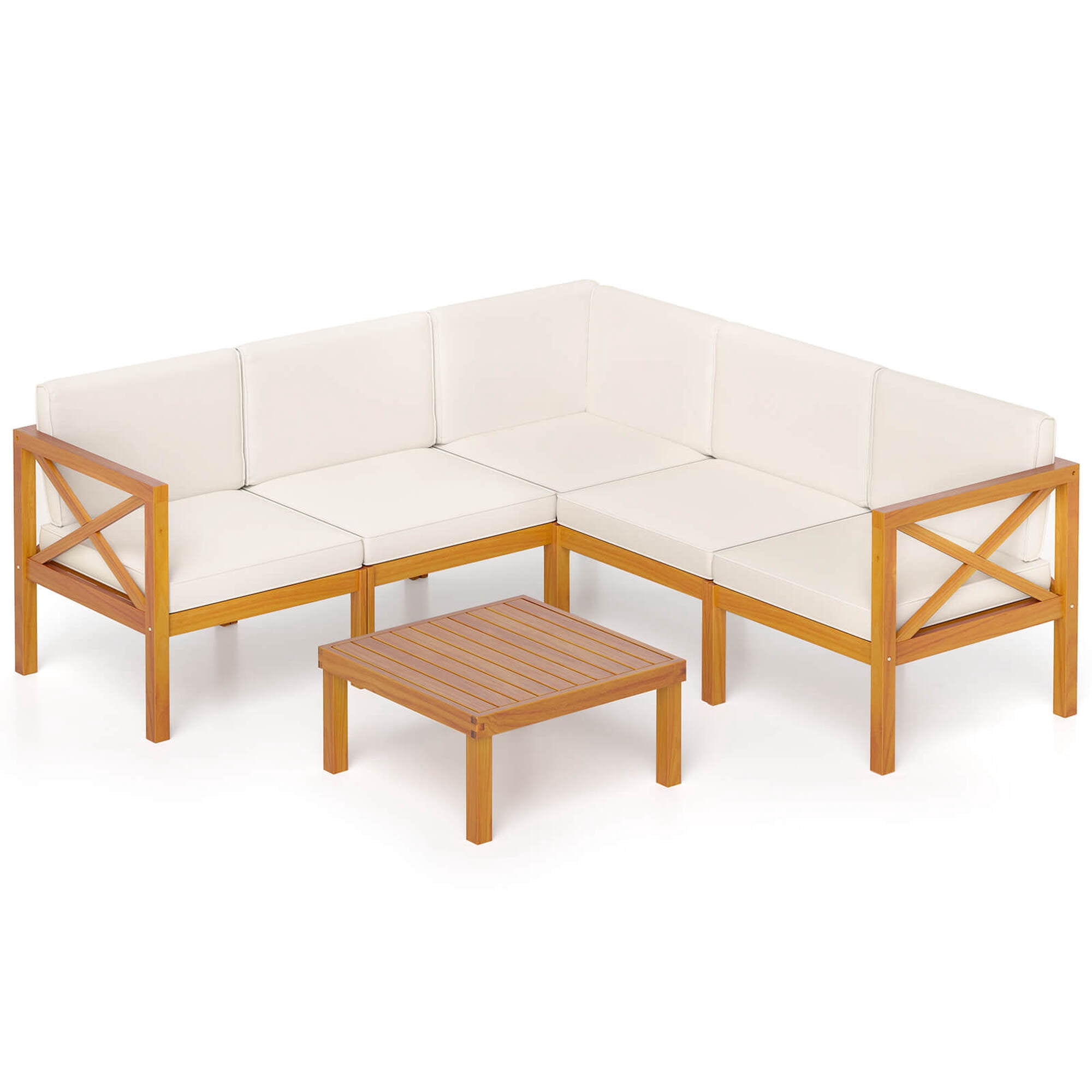 Costway 6 PCS Acacia Wood Patio Furniture Set with Cushions and Coffee Table for Garden