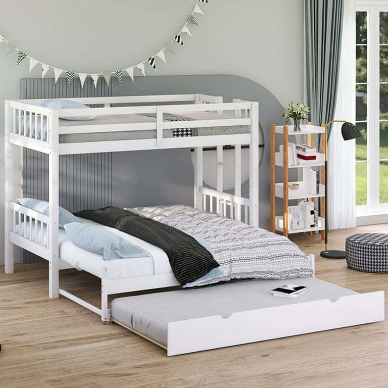Twin Over Twin Bunk Bed With Trundle, Solid Wood Bunk Bed Frame With  Full-Length Guardrail And Ladder, Down Bed Can Be Stretched Into 2 Twin  Size Beds For Boys Girls, No Box