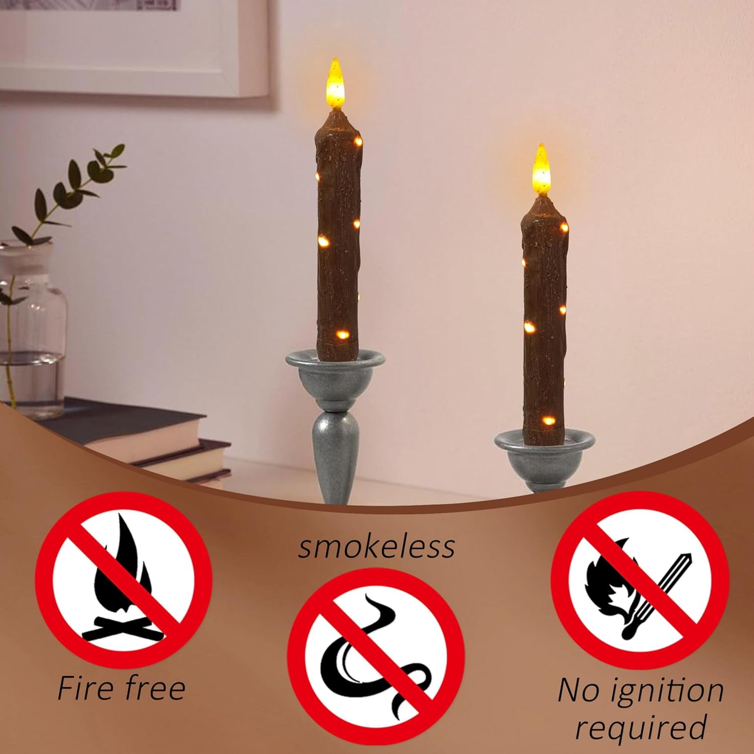 XINAOBAOLUO 6.5 Inches Hand Dipped Battery Operated Taper Candles Real Wax LED Flameless with Timer Remote Candles for Vintage Rustic Home Decor, Set of 2(Brown)