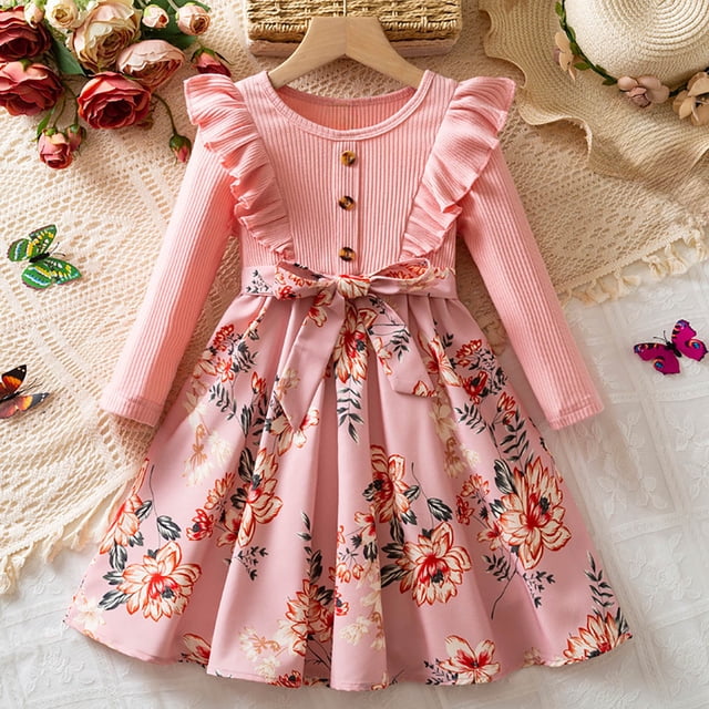 Cowsor Little Girl Ruffle Fall Winter Long Sleeve Dress Printed Party Holiday Clothes