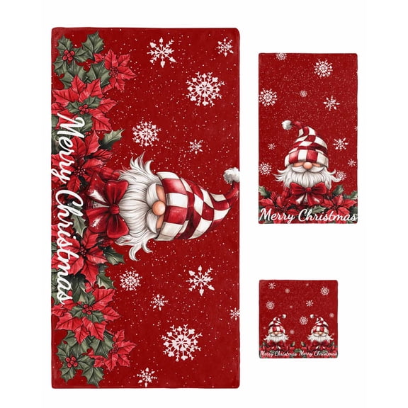 Red Gnomes Christmas Bath Towels for Bathroom Set,Luxury Microfiber Towels Gifts for Women,Quick Dry Beach Kitchen Hand Hair Face Towel and Dish Washcloth,Snowflake Xmas Poinsettia Yoga Towels Set