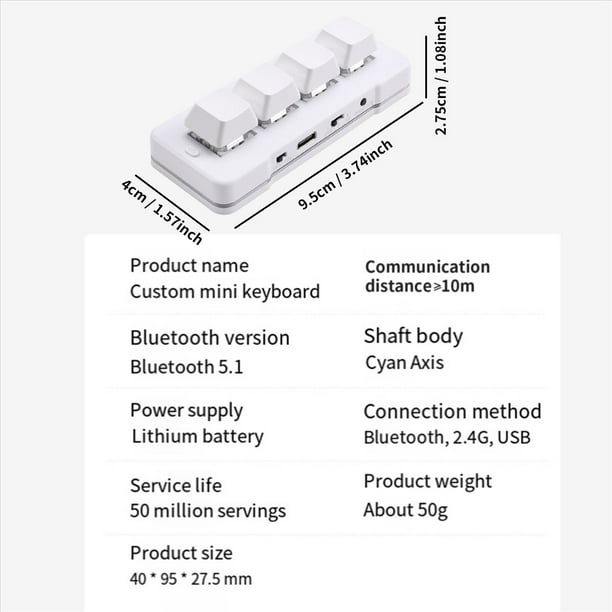 MK424Pro Mini Teclado Personalizado de 4 Teclas + Interruptor MecáNico Azul USB + BT + ConexióN 2.4G para Juegos de Oficina Multimedia